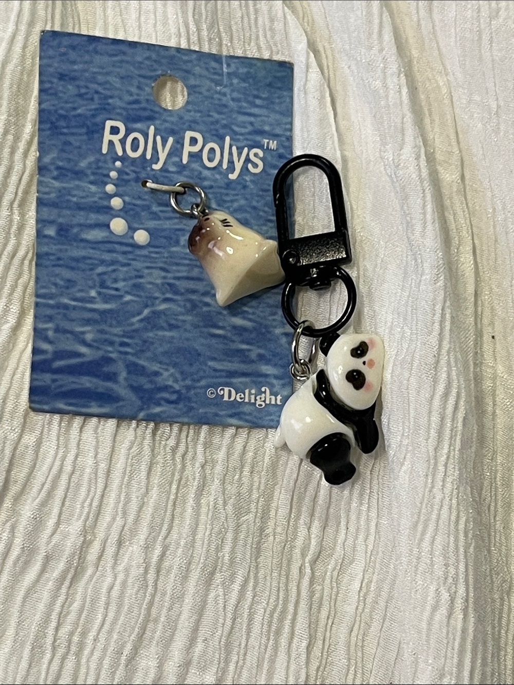 Vintage Black & White Panda Key & Card Holder Charm with Beige Bell